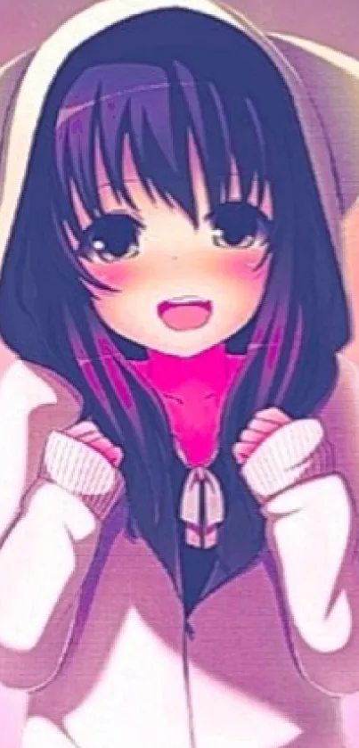 Anime girl in hoodie with pink and purple galaxy background.