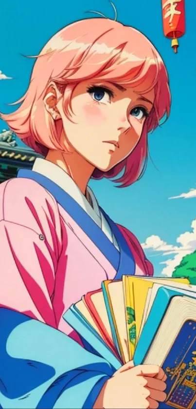 Anime girl in pink kimono holding books with a colorful backdrop.