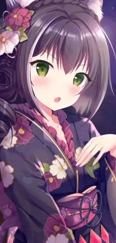 Anime girl in kimono with green eyes and floral details.