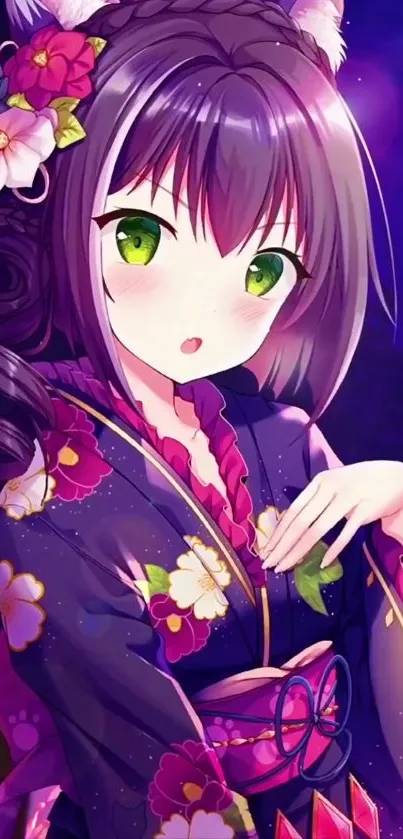 Anime girl in elegant kimono with vibrant colors on phone wallpaper.