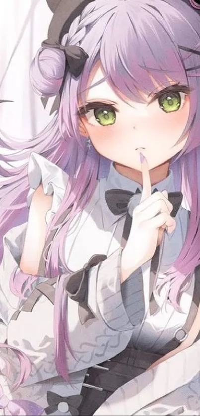 Anime girl with lavender hair and dress, green eyes and delicate features.