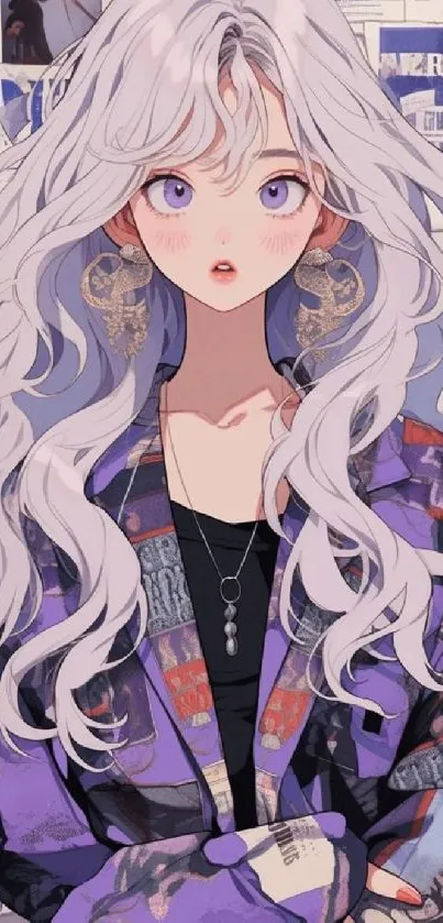 Anime girl with white hair in purple jacket against newspaper background.