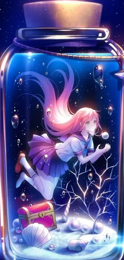 Anime girl inside a magical bottle, floating underwater with vibrant colors.