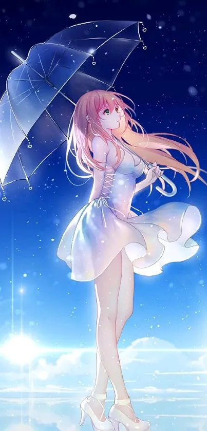 Anime girl under an umbrella in moonlit sky.