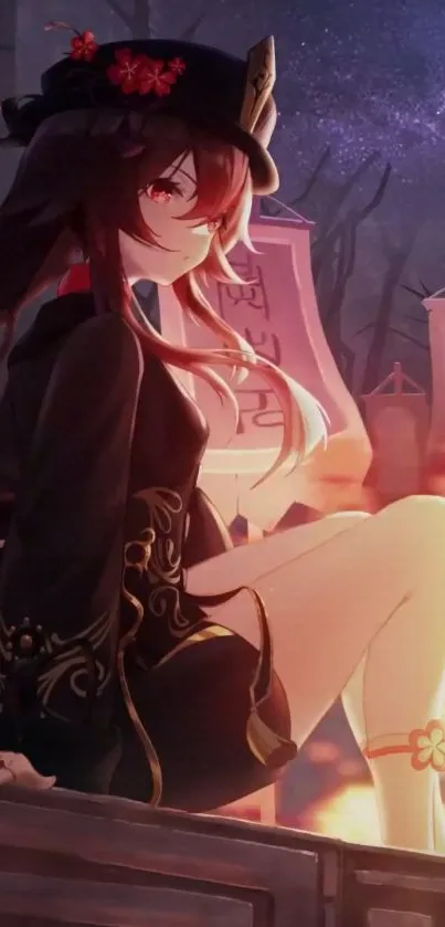 Anime girl on a stone seat in a mysterious night setting.