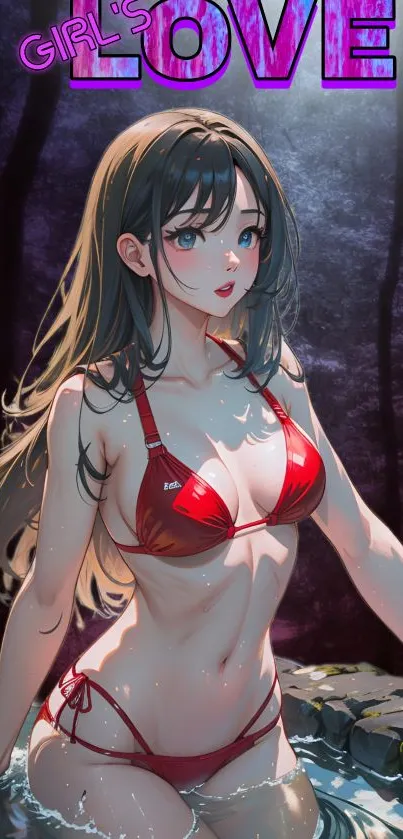 Anime girl in red bikini by a stream with a dark forest background.