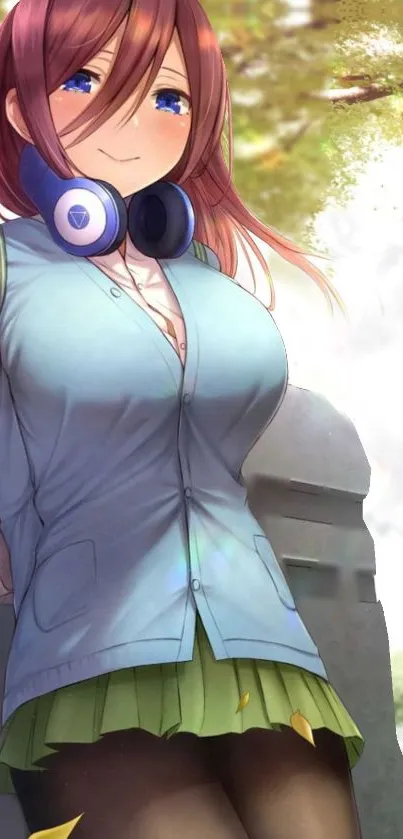 Anime girl with headphones in a serene nature setting.