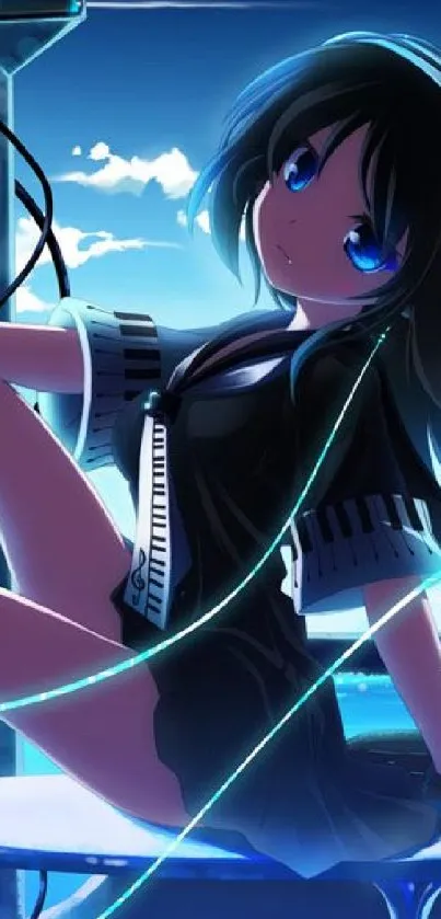 Anime girl in neon blue setting with glowing accents, perfect for mobile wallpaper.