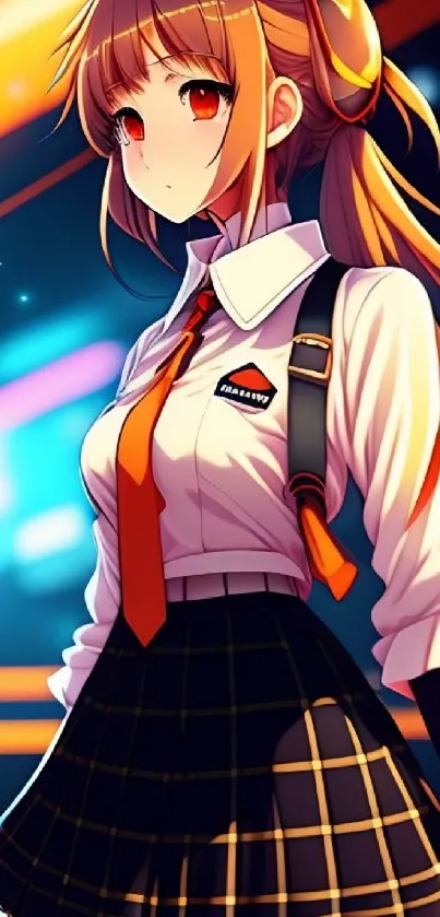 Anime girl standing in neon-lit scene with orange accents.