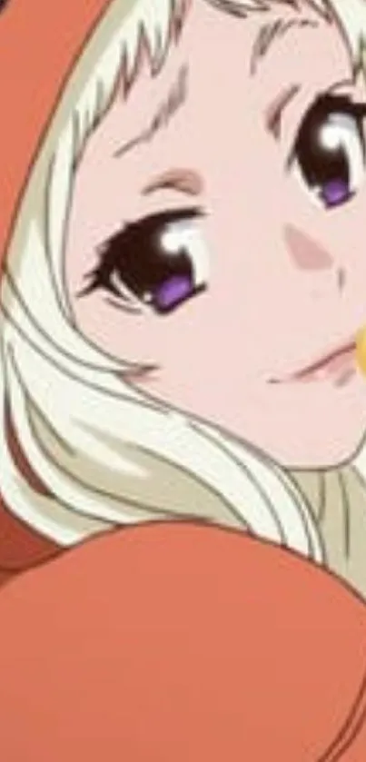 Anime girl in orange hoodie with purple eyes and a playful look.