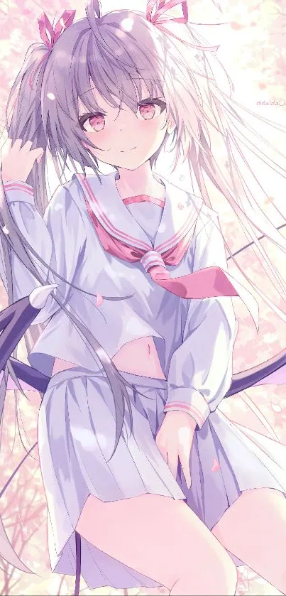 Anime girl with wings in pastel cherry blossom setting.