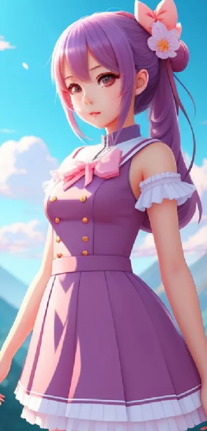 Charming anime girl in a purple dress with mountain backdrop.