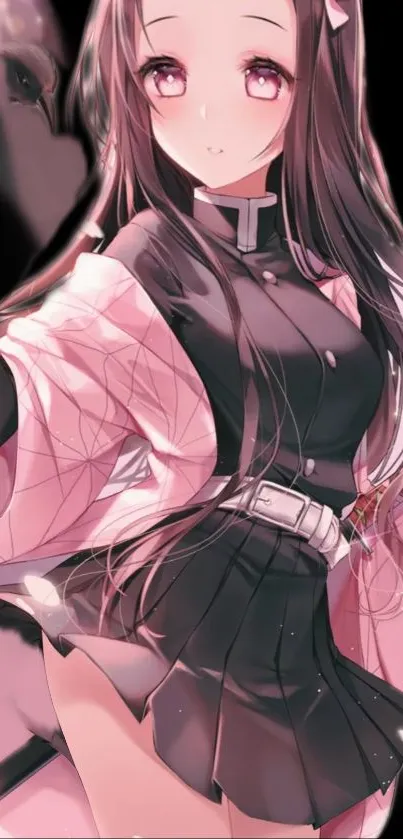 Anime girl in pink and black attire with long hair and a captivating pose.