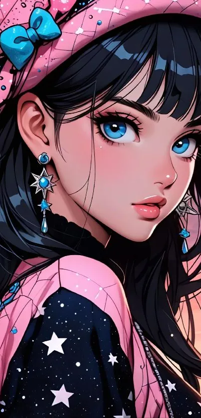 Anime girl in pink attire with blue eyes and starry background.