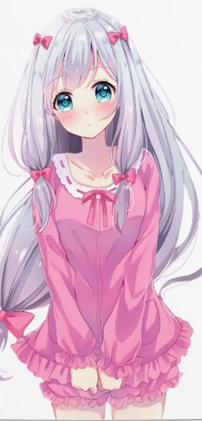 Cute anime girl with silver hair wearing pink pajamas, shy expression.