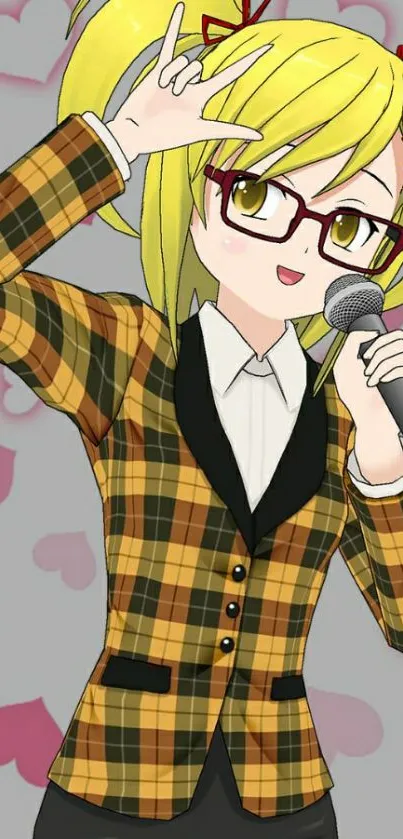 Anime girl with plaid jacket and microphone on a gray heart background.