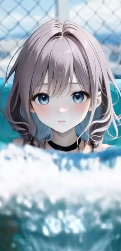 Anime girl with flowing hair in a turquoise pool.