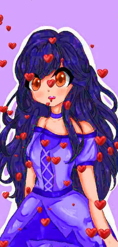 Anime girl in purple dress with hearts and large eyes.