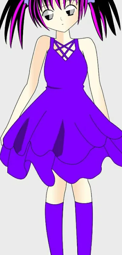 Anime girl in a purple dress with pigtails and bows.