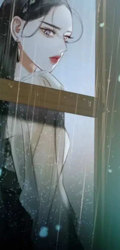 Anime girl looking through a rainy window in artistic wallpaper.