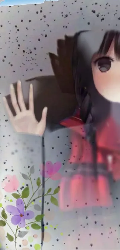 Anime girl behind rain-splashed glass with flowers.