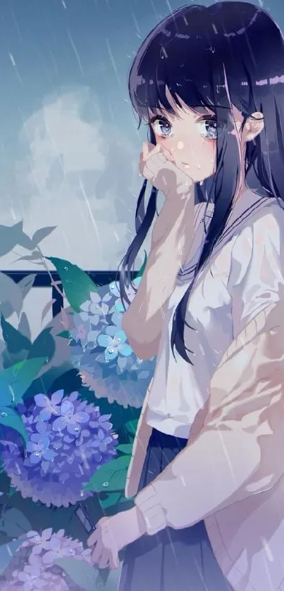 Anime girl in rain with hydrangeas on mobile wallpaper.