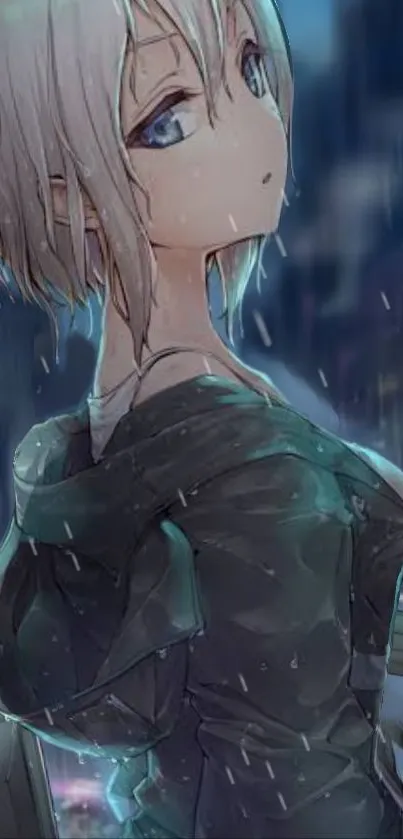 Anime girl in a dark rain scene, wearing a coat and looking contemplative.