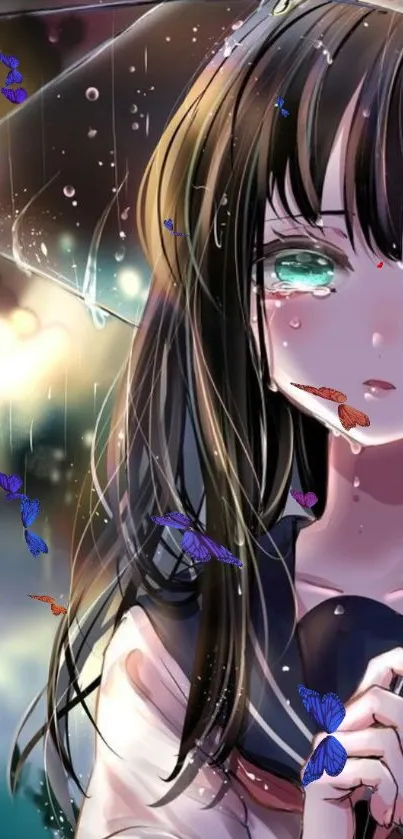 Anime girl with umbrella in the rain surrounded by colorful butterflies.