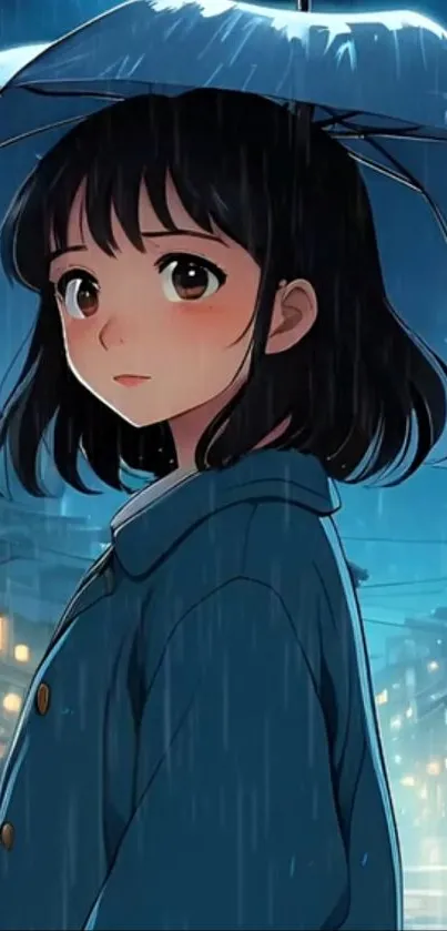 Anime girl with umbrella in rainy night setting.