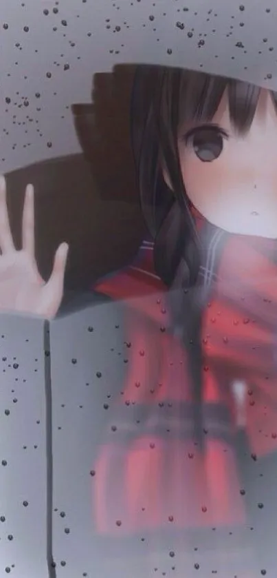 Anime girl in red coat behind rainy glass.