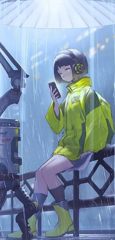 Anime girl in yellow raincoat under an umbrella in a futuristic cityscape.