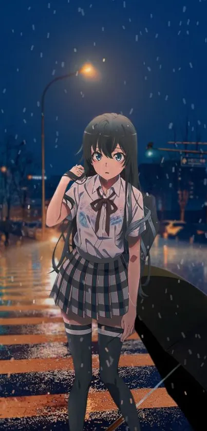 Anime girl in a rainy city street under streetlights.