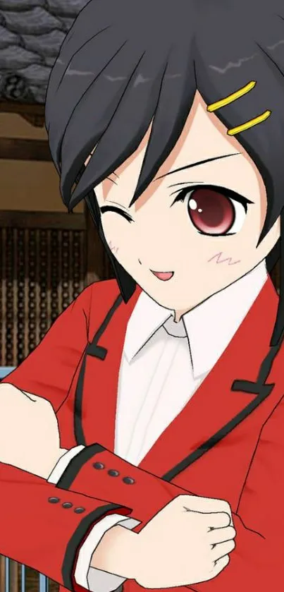 Anime girl winking in red blazer with black hair and star hairpin.