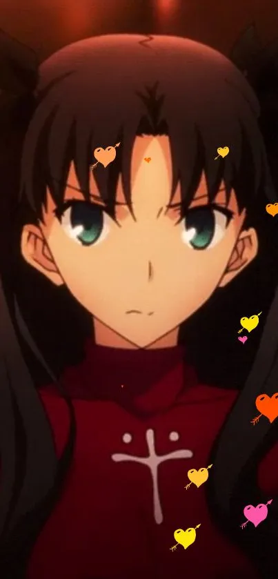 Anime girl with long dark hair in a red dress with colorful hearts.