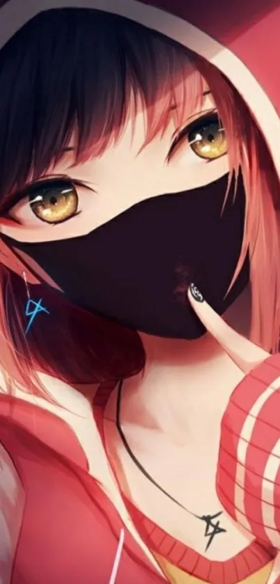 Anime girl in red hood with golden eyes and black mask wallpaper.