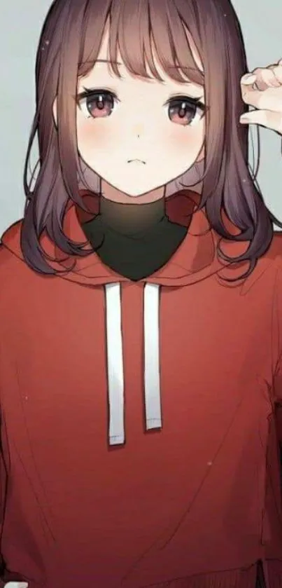 Anime girl wearing a red hoodie with a neutral expression.