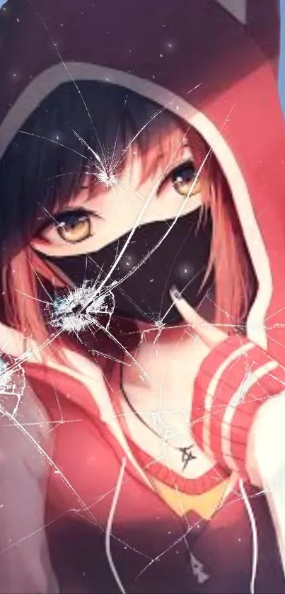 Anime girl in red hoodie with broken glass effect.