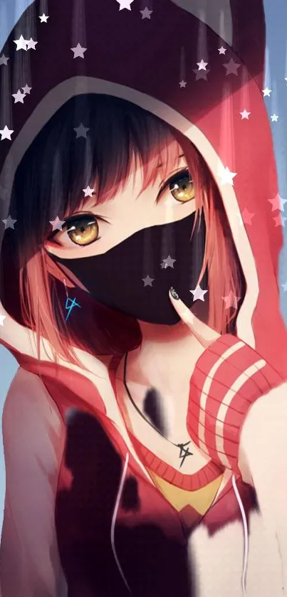 Anime girl with red hoodie and mask, surrounded by stars.