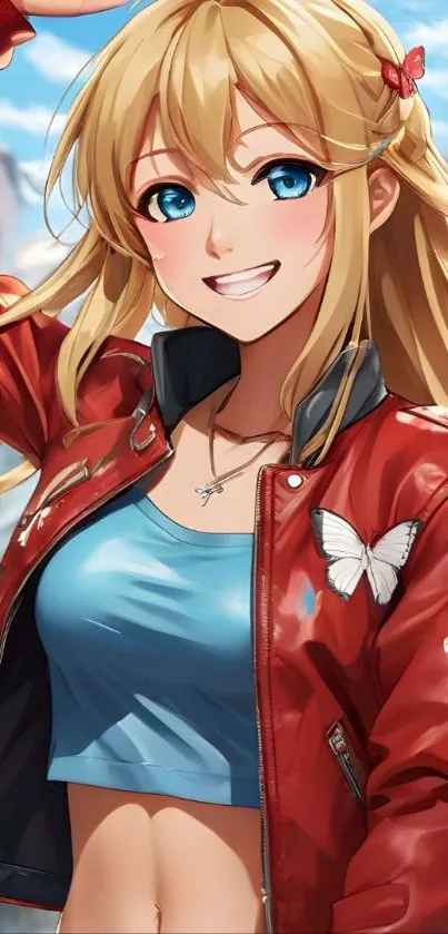 Anime girl smiling in red jacket with butterflies.