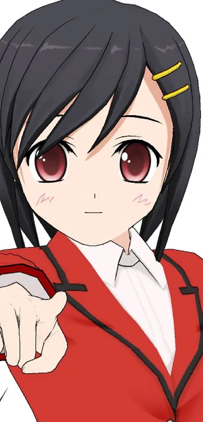 Anime girl in a red jacket pointing forward on a white background.