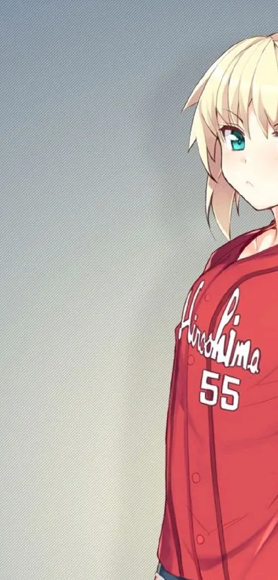 Anime girl in fashionable red jersey on a neutral background.