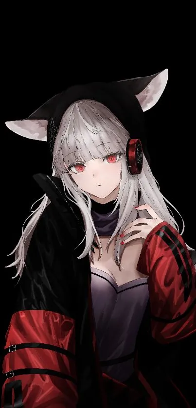 Anime girl with white hair and red outfit on black background.