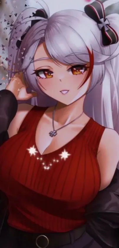 Anime girl with silver hair and red top against artistic background.