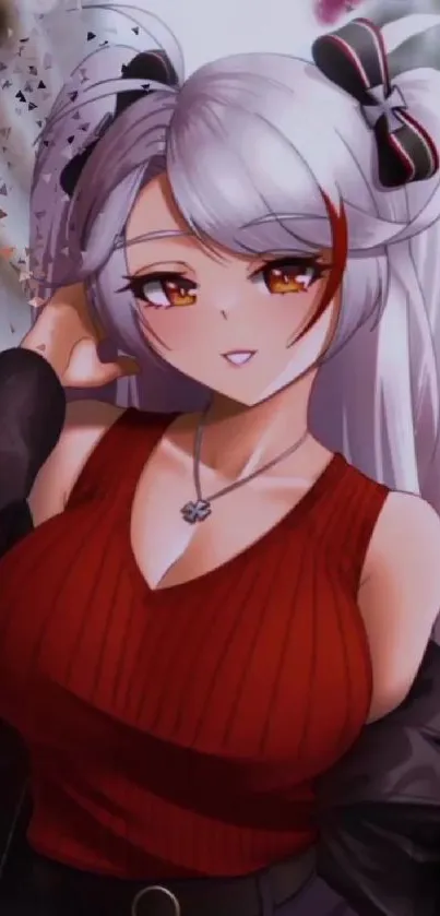 Anime girl with silver hair and red top.