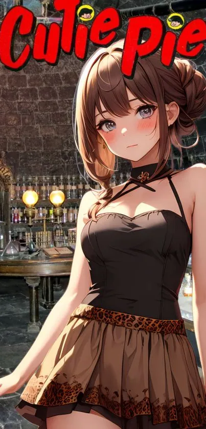 Anime girl in a rustic room, labeled Cutie Pie, with dark dress.