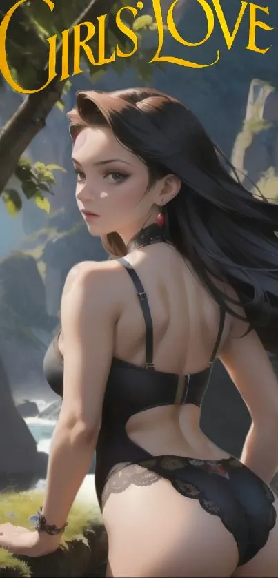 Anime girl in a scenic landscape with lush greenery.