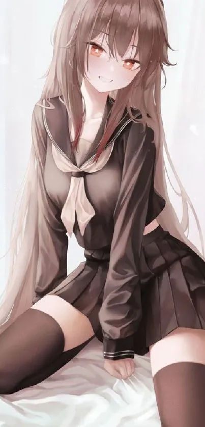 Anime girl in a school uniform sitting with a neutral background.