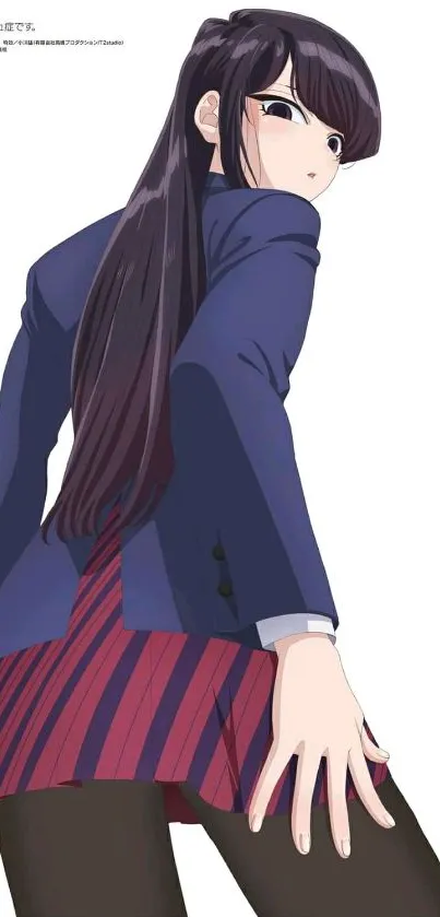 Anime girl in a blue school uniform with long hair and a vibrant background.