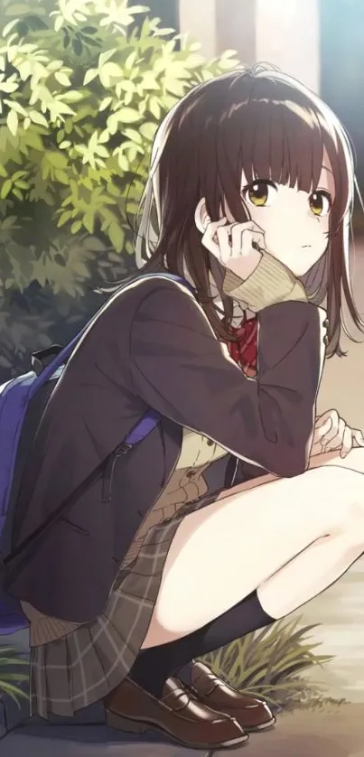 Anime girl sitting in school uniform with thoughtful expression in outdoor setting.