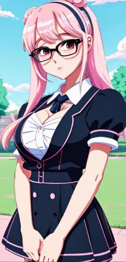 Anime girl with pink hair and glasses in school uniform at park.